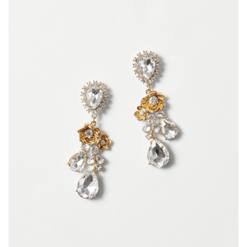 ANN TAYLOR Metallic Flower Crystal Drop Earrings Gold & Rhinestone